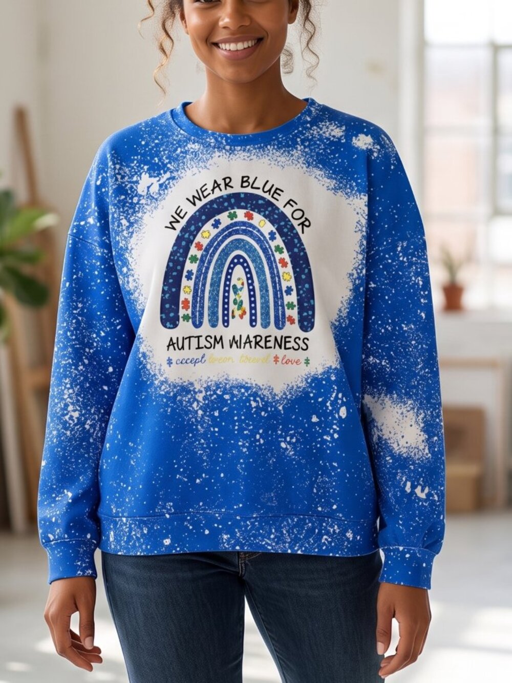 NWOT | Autism Awareness Bleached Sweatshirt | We Wear Blue For Autism | Size XL